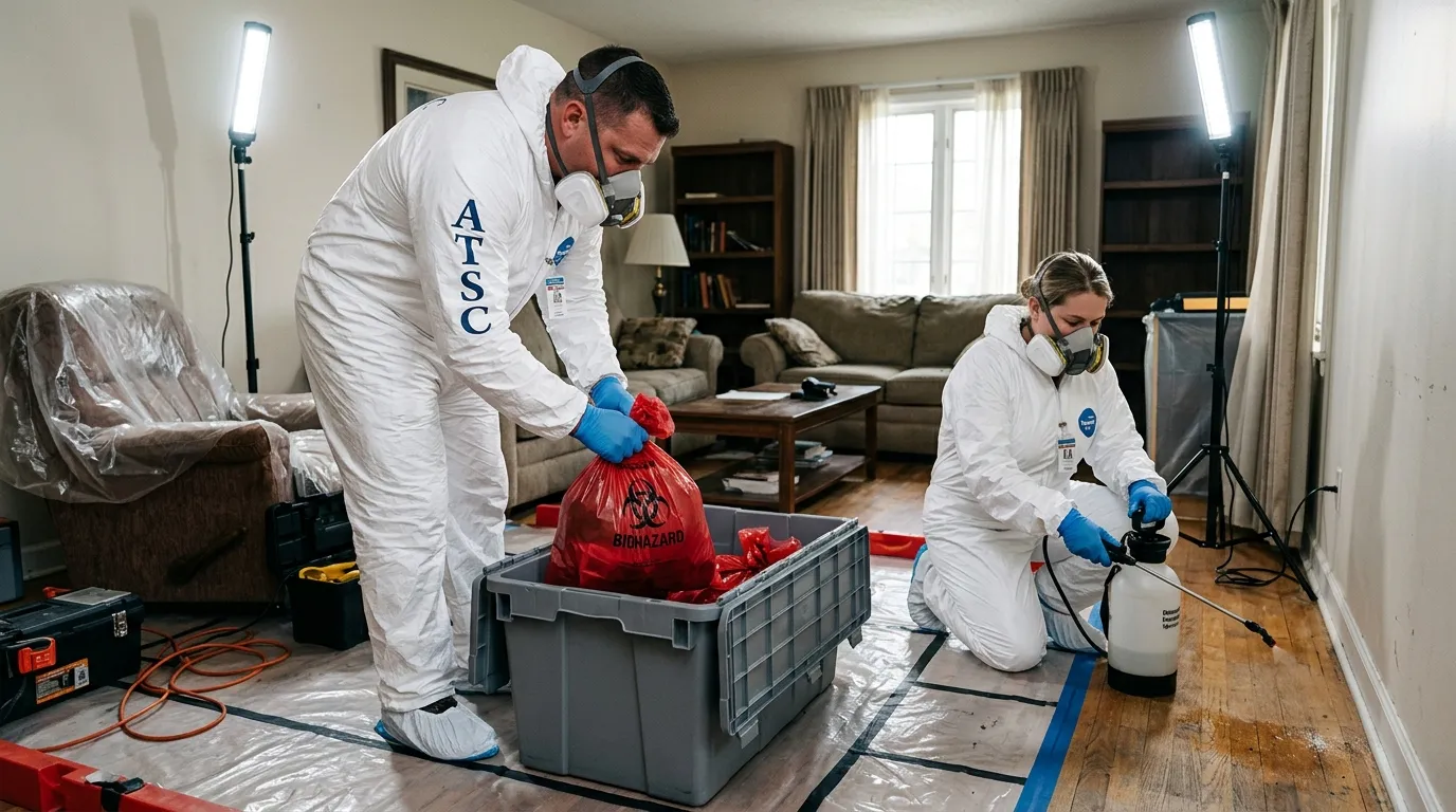 Professional Biohazard Cleanup technician in full PPE working in Whitefish Bay